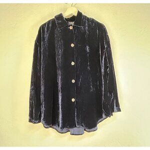 Citron Santa Monica Womens Navy Crushed Velvet Button-Up Shirt Small 100% Silk